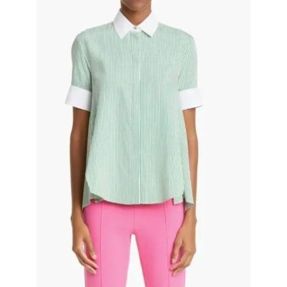 Adam Lippes Trapeze shirt green white striped size 0